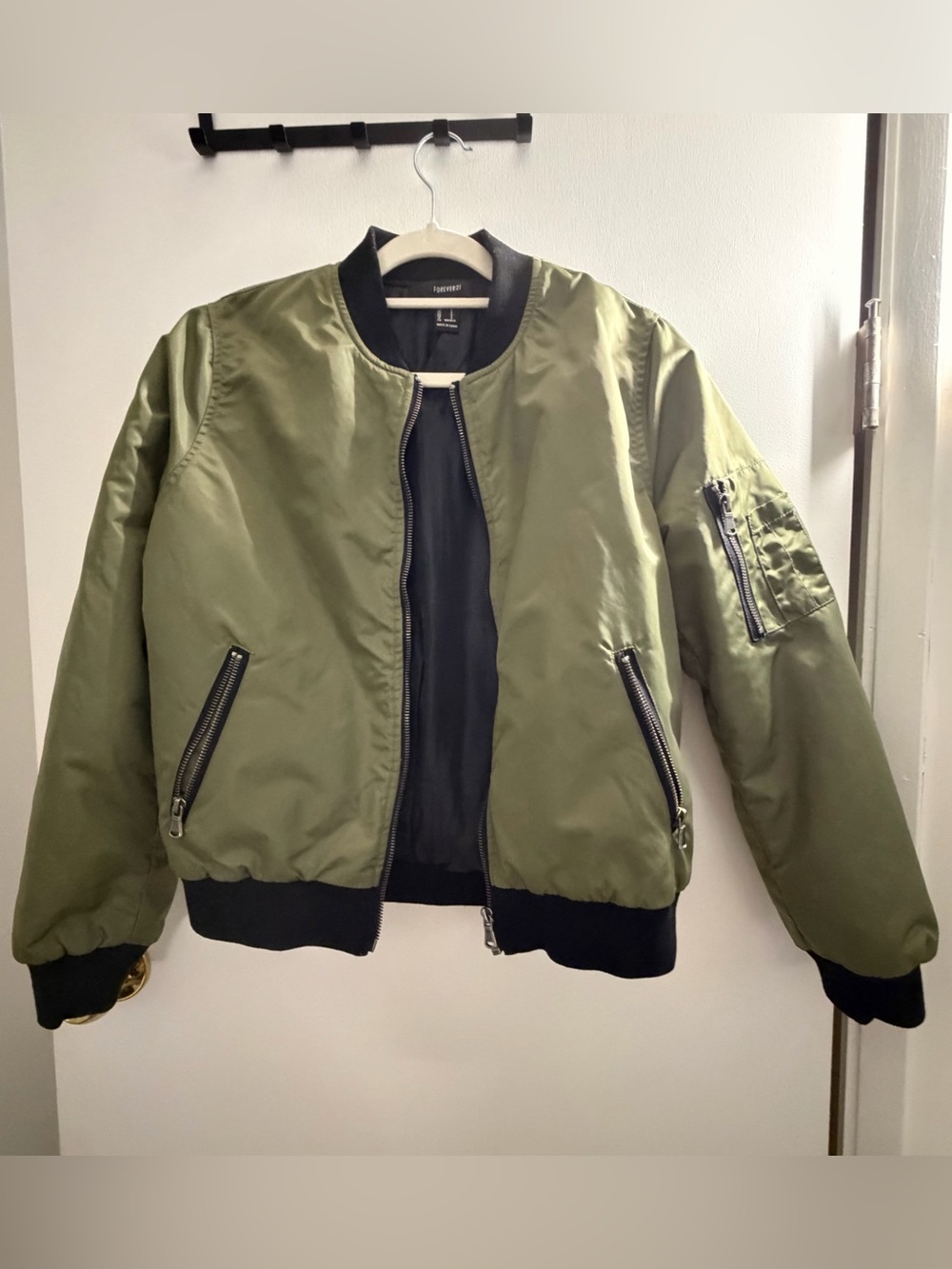 Forever 21 Olive Green Bomber Jacket with Black Trim